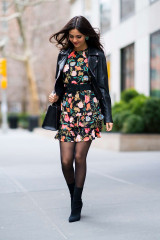 Victoria Justice in Floral Dress and Leather Jacket out in NYC фото №1058931