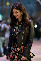 Victoria Justice in Floral Dress and Leather Jacket out in NYC фото №1058929