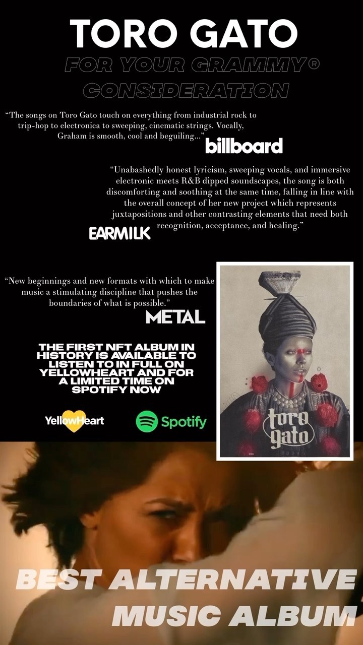 For Your Consideration. Toro Gato is up for best alternative album for the 2023 GRAMMY® Awards. The debut visual album of Toro Gato is available to listen to now on Spotify for a limited time, as well as available to stream and watch in full on @YellowheartNFTIf nominated it will be the first NFT nomination in @RecordingAcademy history!!!!!!!Thank you to everyone who has made this album and it’s release possible ????????@bigjeeve @kazuallty74 @dijonnaise911 @joshkatz99 @yellowheartnft @ale_ssiofilippelli #Vote4GRAMMYs #GRAMMYs #NFT #Web3#RecordingAcademy #ForYourConsideration